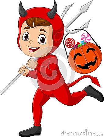 Cartoon red devil carrying candy in a pumpkin basket Vector Illustration