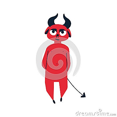 Cartoon red devil with horn vector flat illustration. Cute little dangerous demon isolated on white background. Playful Vector Illustration