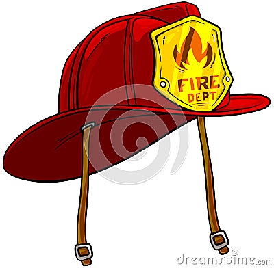 Cartoon red firefighter helmet with golden badge Vector Illustration