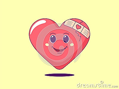 Cartoon red heart with patch on the crack. Cute and friendly character with eyes and smile Vector Illustration