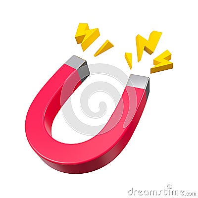Cartoon red magnet with thunder bolt isolated. Magnet concept for business investment, income and financial savings. 3d rendering Stock Photo