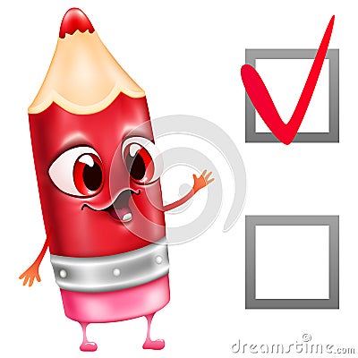 Cartoon red pencil write check mark yes Vector Illustration