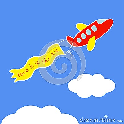 Cartoon red plane. Ribbon with words Love is in the air Flat design Vector Illustration