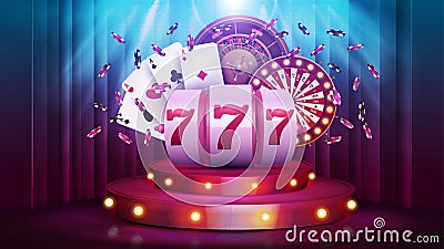 Cartoon red round podium with Casino slot machine, Wheel Fortune, Roulette wheel, poker chips and playing cards. Stock Photo