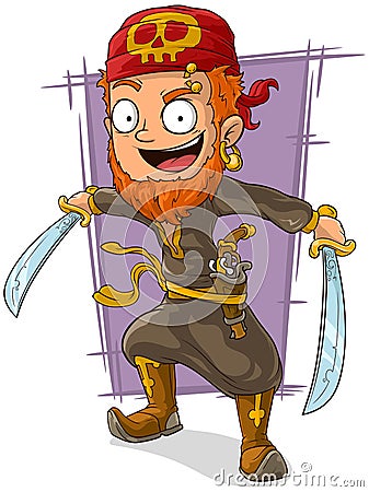 Cartoon redhead pirate with swords and pistol Vector Illustration