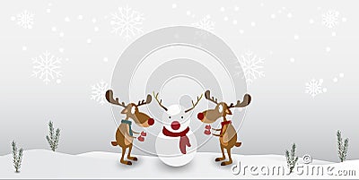 Christmas Cartoon reindeer Cute Character on winter snowflake background. Greeting card for Merry Christmas Vector Illustration