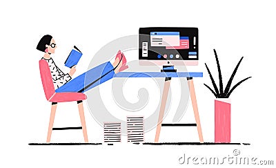 Cartoon relaxed woman reading book enjoying break vector flat illustration. Colorful female putting legs on desk with Vector Illustration