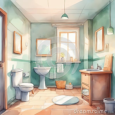A Cartoon Retreat: Cozy Watercolor Bathroom Stock Photo