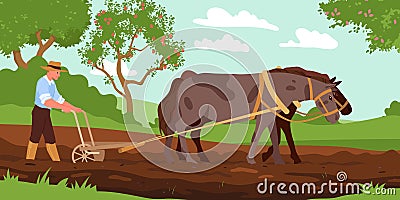 Cartoon retro countryside scene with farmer and animals working to cultivate organic grain, old agriculture technology Vector Illustration