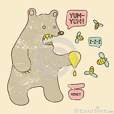 Cartoon retro funny bear with honey and bees. Vector grunge illustration. Vector Illustration