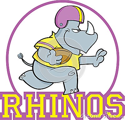 Cartoon rhino playing football inside a circle with Rhinos text. Vector Illustration