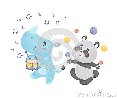 Cartoon rhino and panda in the parade. Vector illustration on a white background. Vector Illustration