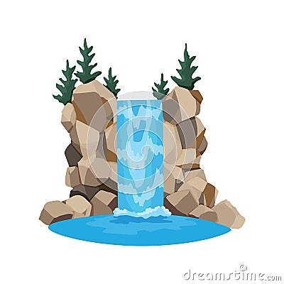 Cartoon river waterfall. Landscape with mountains and trees. Design element for travel brochure or illustration mobile Vector Illustration