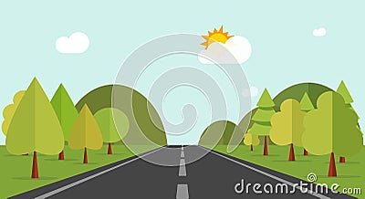 Cartoon road across green forest hills, mountains, nature landscape, highway Vector Illustration