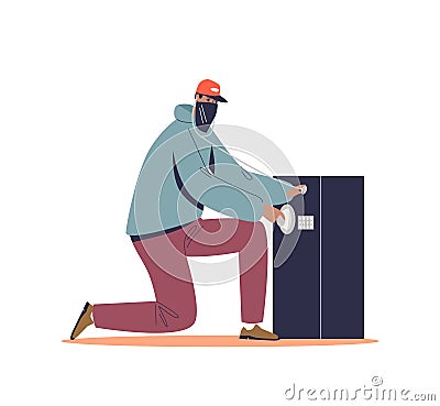 Cartoon robber in mask trying to open big safe. Robbery, burglary and theft concept Vector Illustration