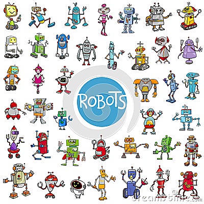 Cartoon robot characters big set Vector Illustration