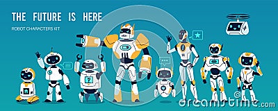 Cartoon robot characters. Funny futuristic toys, different type cyborgs, humanoid mechanical bots, cute childish Vector Illustration