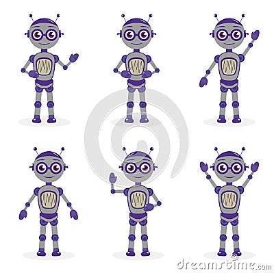 Cartoon robot mascot set of objects in flat style. Robots character collection. Isolated on white background. Vector Vector Illustration