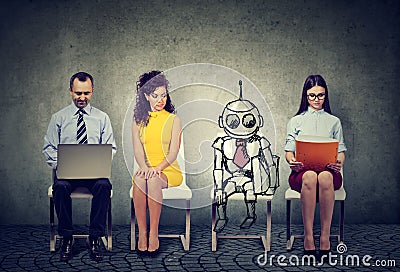 Cartoon robot sitting in line with human applicants for a job interview Stock Photo