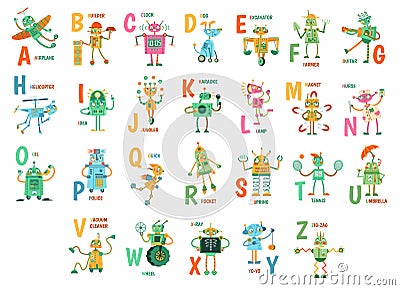 Cartoon robots alphabet. Funny robot characters, ABC letters for kids and education poster with robotic friend mascots Vector Illustration