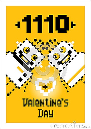 Cartoon robots love. Valentine, postcard for Valentine`s Day Vector Illustration