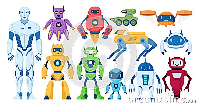 Cartoon robots, cartoon personal assistants and chatbots. Modern digital cyborgs, robotic drones mascots flat vector symbols Vector Illustration