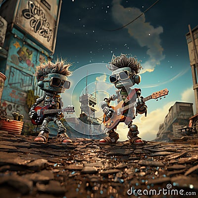 Cartoon Robots rock guitarists Stock Photo