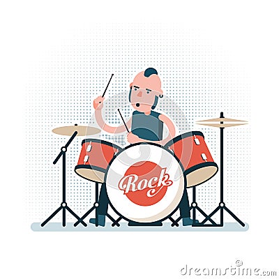 Cartoon rock drummer playing on drum set Vector Illustration