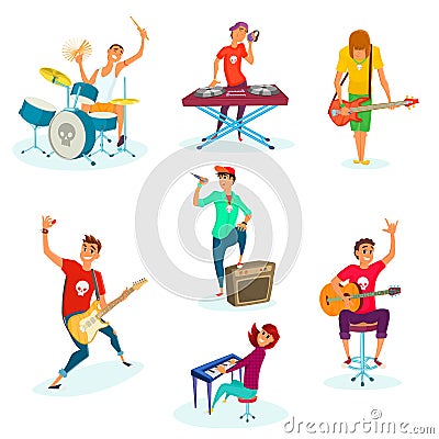 Cartoon rock teenage band set. Isolated on white. Young musicians characters Vector Illustration