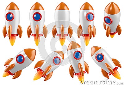 Cartoon rocket from different angles. Spaceship isolated on white background. 3D rendered image. Stock Photo