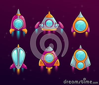 Cartoon rocket icons set. Vector Illustration