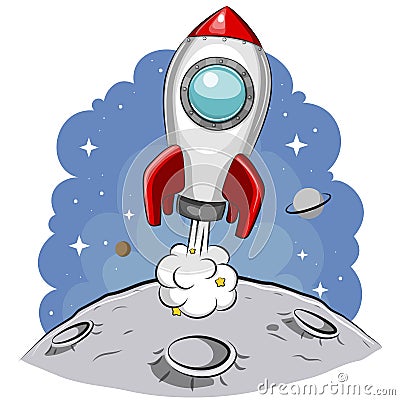 Cartoon rocket takes off from the planet Vector Illustration