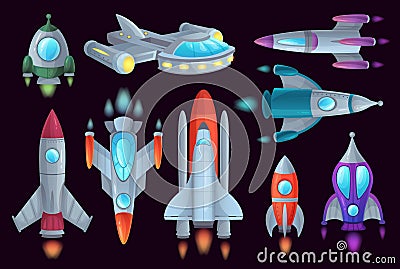 Cartoon rockets. Space rocketship, aerospace rocket and spacecraft ship isolated vector illustration set Vector Illustration