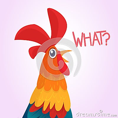 Cartoon rooster with bright feathers on the tail and a red crest. Vector illustration Vector Illustration