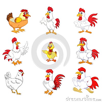 Cartoon rooster collection set Vector Illustration