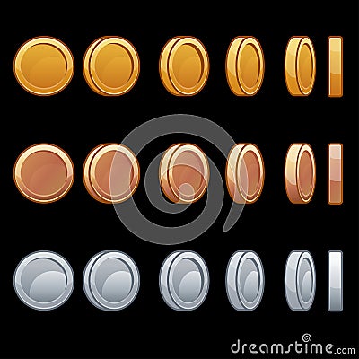 Cartoon Rotation animation coin turns around Vector Illustration