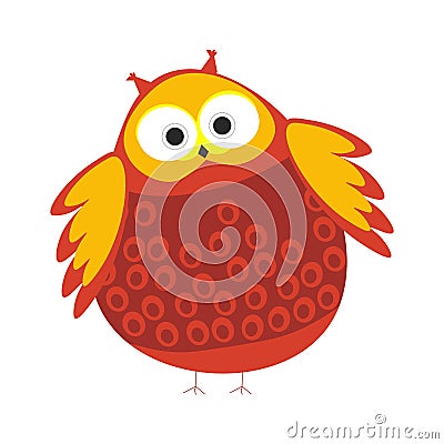 Cartoon round owl with red and orange colored feathers Vector Illustration