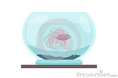 Cartoon round water tank with fish. Cute goldfish swimming in aquarium. Home aquatic pets. Underwater domestic animal in glass Vector Illustration