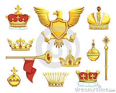 Cartoon royal symbols. Imperial crowns. Scepter and ord. Coat of arms with eagle. King or queen precious headdresses. Trumpet and Vector Illustration