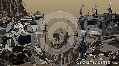 Cartoon ruins of crooked ruined city houses Vector Illustration