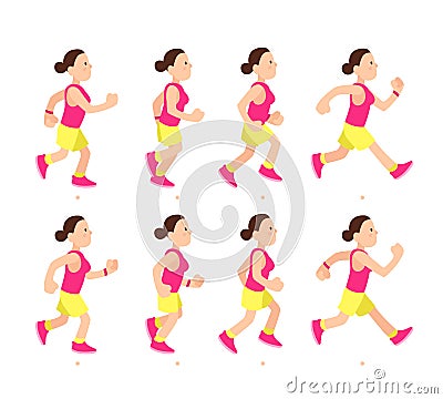 Cartoon running girl animation. Athletic young woman character run or fast walk. Animated motion sport walking vector Vector Illustration