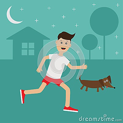 Cartoon running guy Dachshund dog. Night summer time. House, tree silhouette. Stars shining. Cute run boy Jogging man Runner outs Vector Illustration