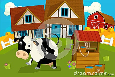 Cartoon rural scene with farm animal cow near some wooden well Cartoon Illustration
