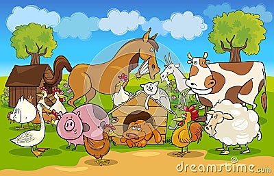 Cartoon rural scene with farm animals Vector Illustration