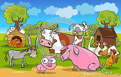 Cartoon rural scene with farm animals Vector Illustration