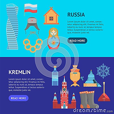 Cartoon Russian Traditional Items Banner Horizontal Set. Vector Vector Illustration