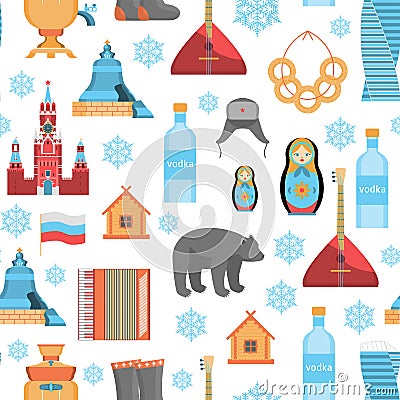 Cartoon Russian Traditional Items Seamless Pattern Background. Vector Vector Illustration