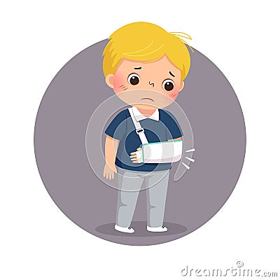 Cartoon sad boy looking at his broken arm in cast. Health Problems concept Vector Illustration