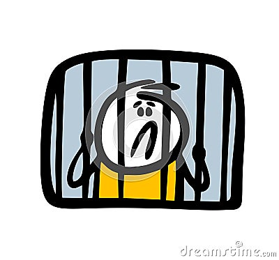 Cartoon sad criminal is sitting in prison behind bars and holding on to the bars in the window. Vector Illustration