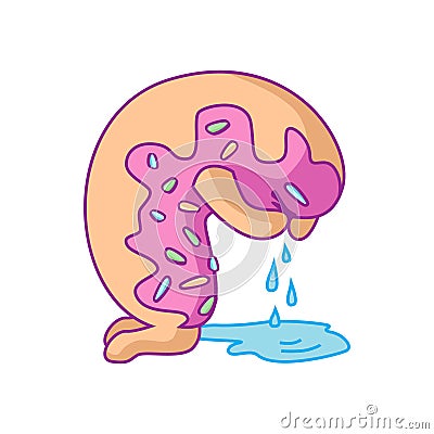 Cartoon sad crying donut character with pink glaze makes a puddle of tears. For stickers, greeting cards, party Vector Illustration